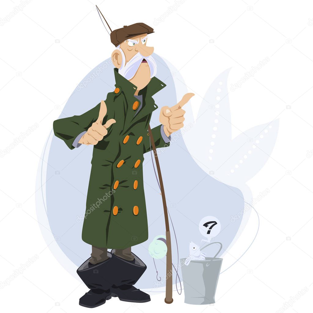 Fisherman with fishing rod. Man brags about fish he has caught. Illustration concept for mobile website and internet development.