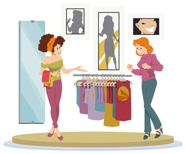 销售顾问为妇女提供服装 流动网站和互联网发展的说明性概念 — 图库矢量图片