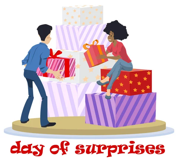 Day Surprises Friends Exchange Present Happy Holiday Template Landing Page — Stock Vector