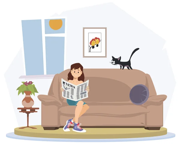 Cat Está Viendo Una Chica Leyendo Gaceta Concepto Ilustración Para — Vector de stock