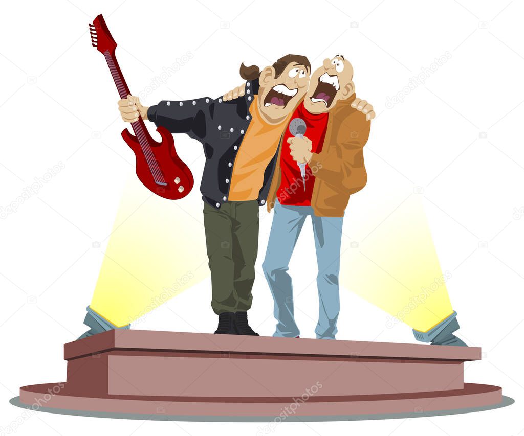 Musicians performing song. Rockers on stage. Rock stars. Illustration concept for mobile website and internet development.