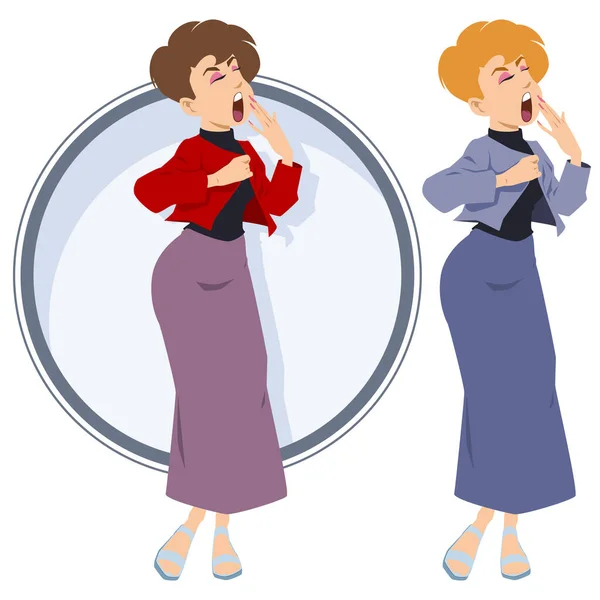 Elegante Mode Stijlvol Meisje Geeuwen Jonge Vrouw Slaperig Illustratieconcept Voor — Stockvector