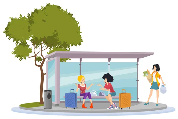 Two Cheerful Girlfriend Girls Argue Bus Stop Lost Tourists Illustration — Vector de stock