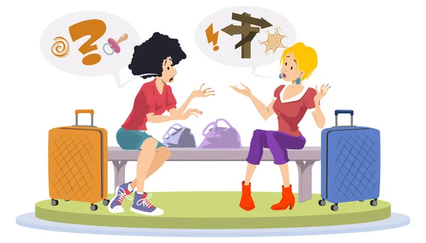 Two Cheerful Girlfriend Girls Argue Bus Stop Lost Tourists Illustration — Vetor de Stock