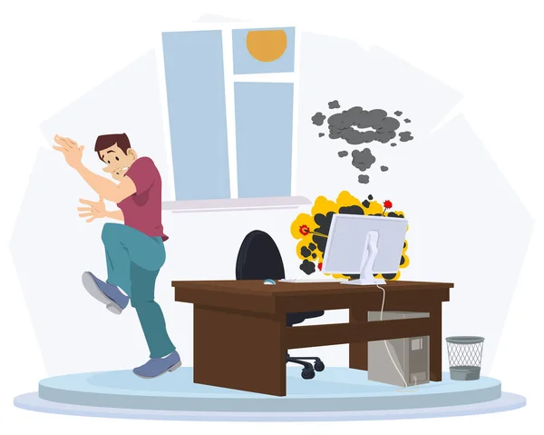 Explosion Computer Work Scared Male Illustration Concept Mobile Website Internet — Stock vektor