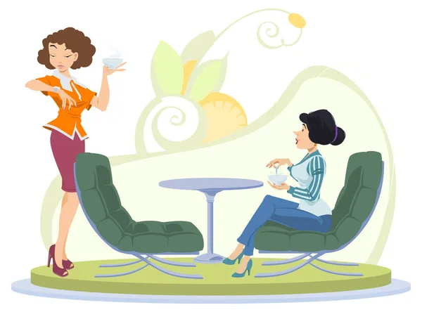 在商务午餐的朋友 两个女孩在工作时喝茶和喝咖啡 流动网站和互联网发展的说明性概念 — 图库矢量图片