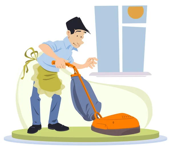 Man Cleaning Apartment Male Vacuuming Floor Illustration Concept Mobile Website — Stock Vector