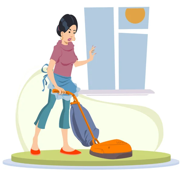 Girl Cleaning Apartment Woman Vacuuming Floor Illustration Concept Mobile Website — Stock Vector