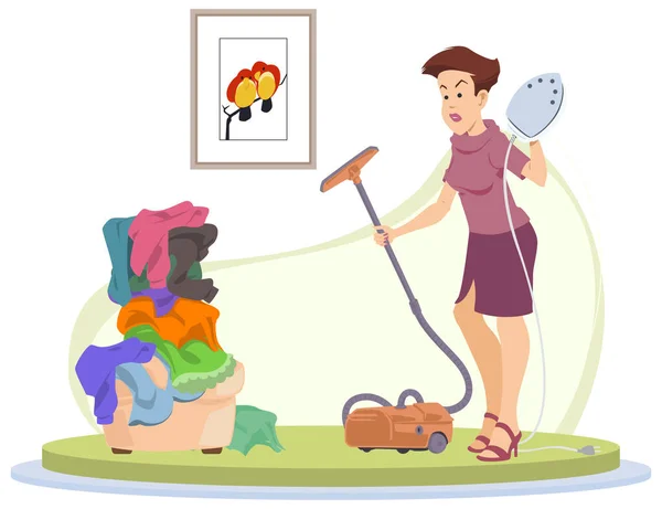 Girl Cleaning Apartment Woman Vacuuming Floor Illustration Concept Mobile Website — Stock Vector