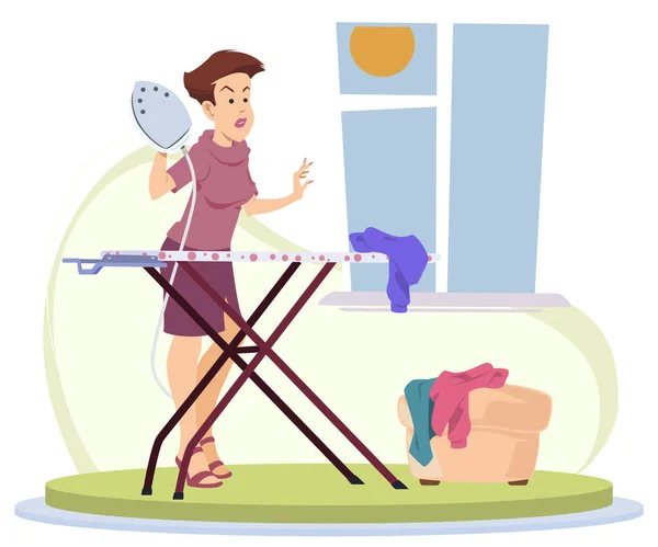 Woman Ironing Clothes Iron Girl Doing Housework Illustration Concept Mobile — Stock Vector