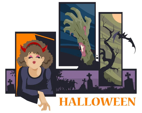 Clipart Für Feiertage Halloween Glückliches Mädchen Bläst Einen Süßen Kuss — Stockvektor