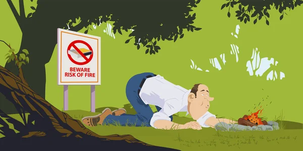 Hombre Enciende Fuego Bosque Concepto Ilustración Para Desarrollo Sitios Web — Archivo Imágenes Vectoriales