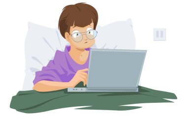 Yatakta dizüstü bilgisayarla çalışan bir kız. Personel eğitimi, eğitim ve kursların imajı, çevrimiçi eğitim. Web sitesi ve mobil geliştirme için resimleme kavramı.