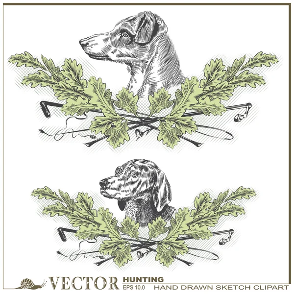 Bozzetto disegnato a mano - teste di cane in foglie di quercia e una pila e frusta — Vettoriale Stock