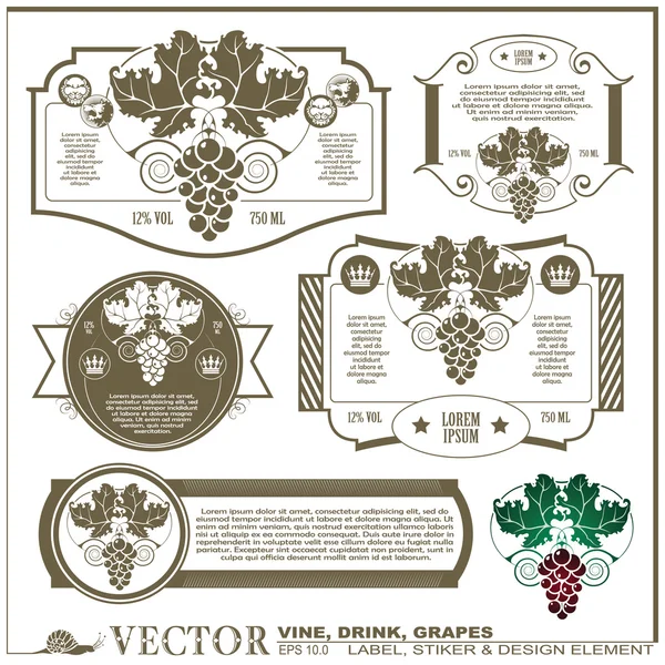 Granicy stylu etykiety na różnych wersjach - winorośli, napój, winogrona — Wektor stockowy