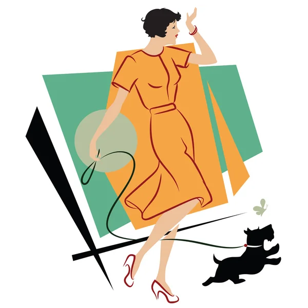 Ilustración vectorial. Chica con un perro para un paseo . — Vector de stock