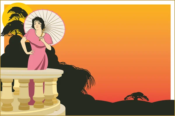 Vector woman on the veranda of the hotel on an exotic background — Stock Vector