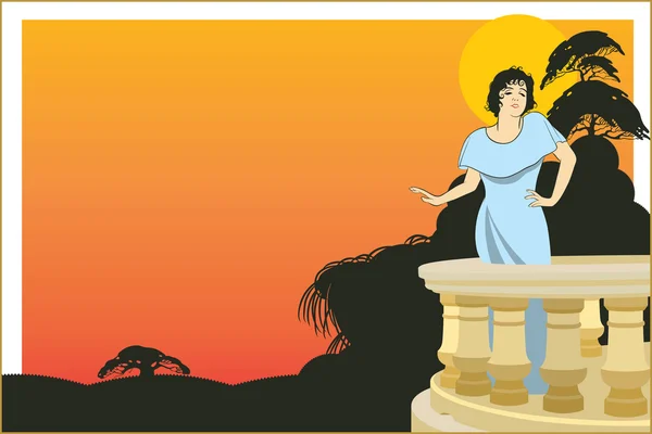Vector woman on the veranda of the hotel on an exotic background — Stock Vector
