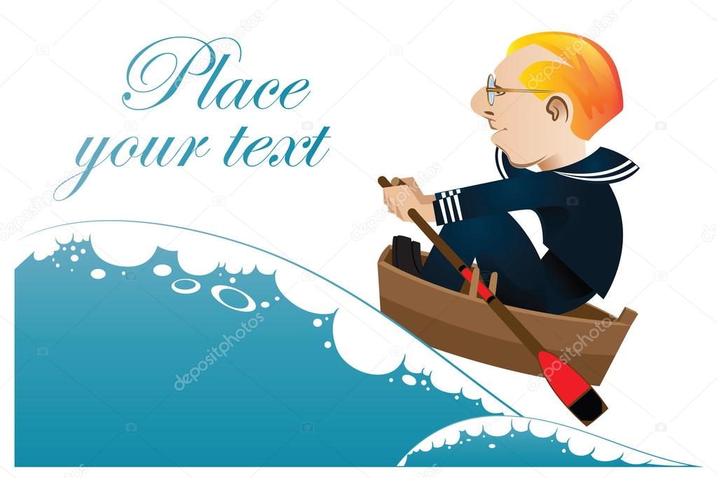 Vector illustration. A sailor in a boat sailing on rough seas