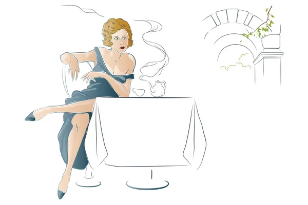 Vektoros illusztráció - lány italok tea egy kávézó asztal — Stock Vector