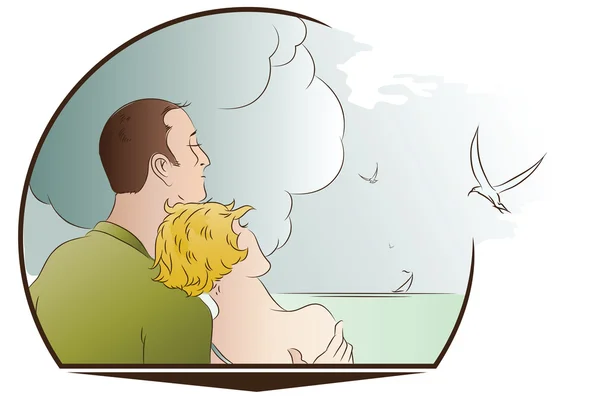 Vektör çizim. Romantik bir sahne. Erkek ve kadın sahilde — Stok Vektör