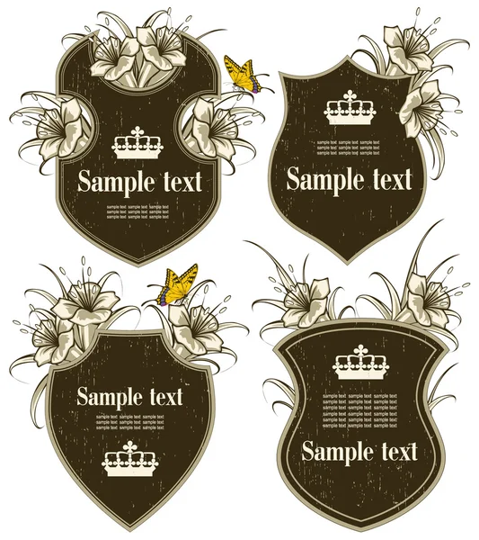 Etiquetas enmarcadas en oro sobre diferentes temas para decoración y diseño — Vector de stock