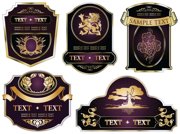 Gold-framed labels on different topics for decoration and design — Stock Vector