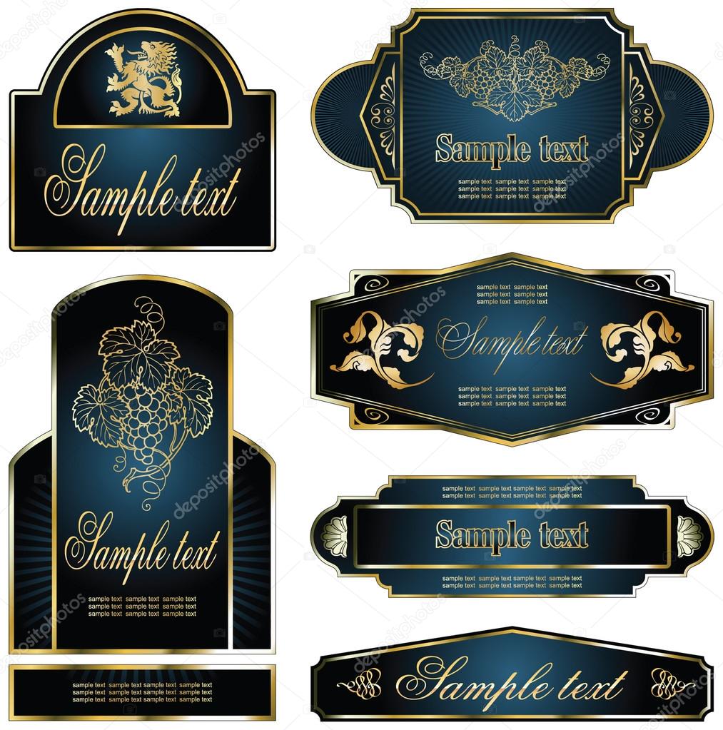 Gold-framed labels on different topics for decoration and design