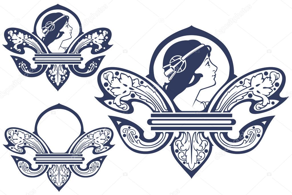 vector template tattoo heraldic lily with a girl's head in the c
