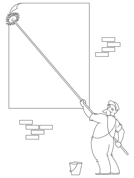 Ilustración vectorial. Gráfico lineal. Workman pega cartel de cepillo . — Archivo Imágenes Vectoriales