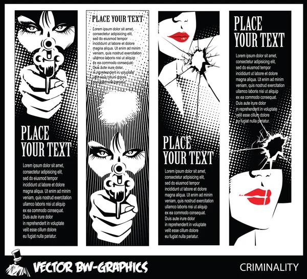 Black and white Vector banner. Girl with a gun. In the eyes of t — Stock Vector