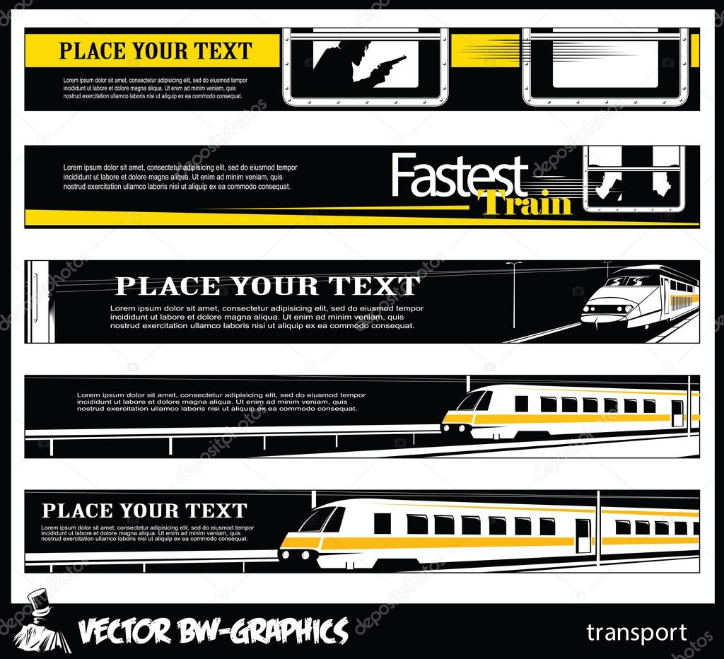 Black and white Vector banner. Railroad and train.