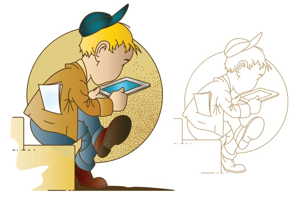 Stock illusztráció. Ülő fiú keresi tabletta — Stock Vector