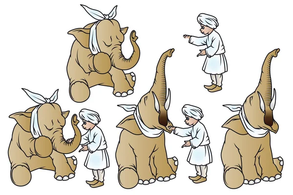 Ilustração de estoque. Elefante com um dente doente e um menino hindu . — Vetor de Stock