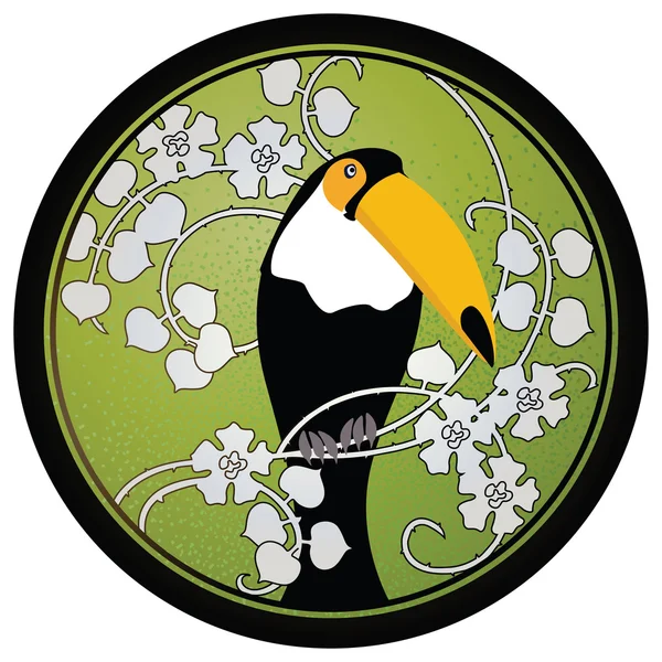 Illustration. Emblème. Toucan sur une branche parmi les fleurs — Image vectorielle