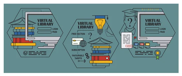 Skladem ilustrace. Plochý infographic. Virtuální knihovna — Stockový vektor