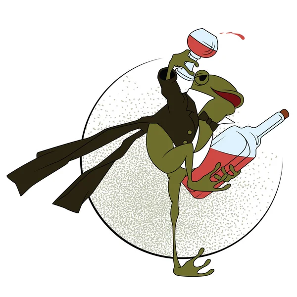 Stock illustration. Frog in a tuxedo, with a glass and bottle — Stock Vector