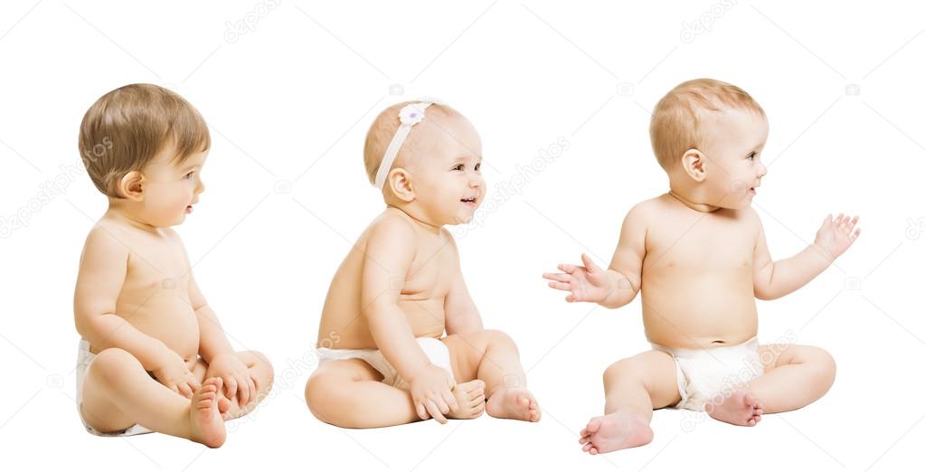 Babies in Diapers Sit over White, Kids Toddlers, Sitting Boys Girls