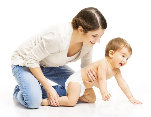 Mother and Crawling Toddler Kid, Woman Parent Holding Child Diaper — Stock Photo, Image