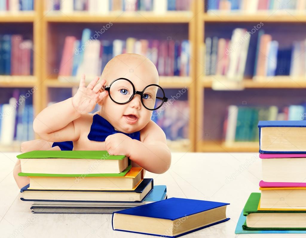 Baby in Glasses Read Books, Smart Kid Early Development Education