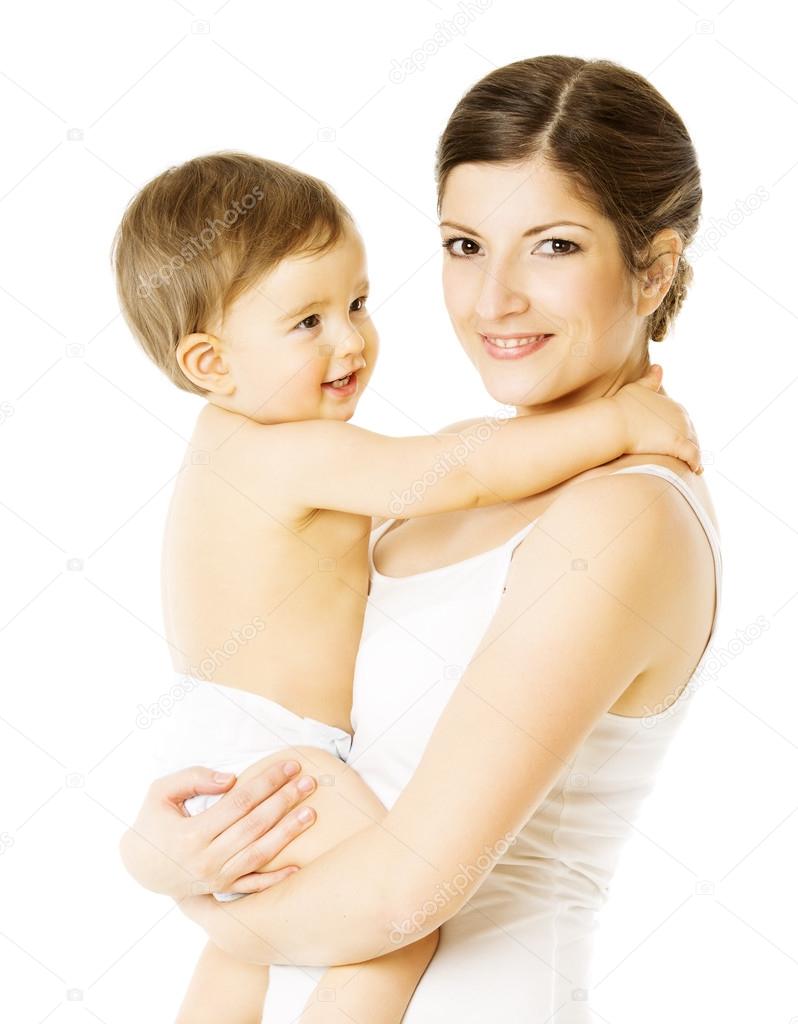 Mother And Toddler Kid, Woman Holding Child in Diaper Over White