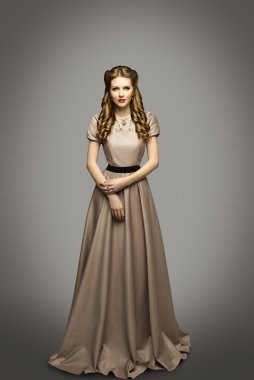 Woman Long Dress, Fashion Model in Historical Gown, Gray