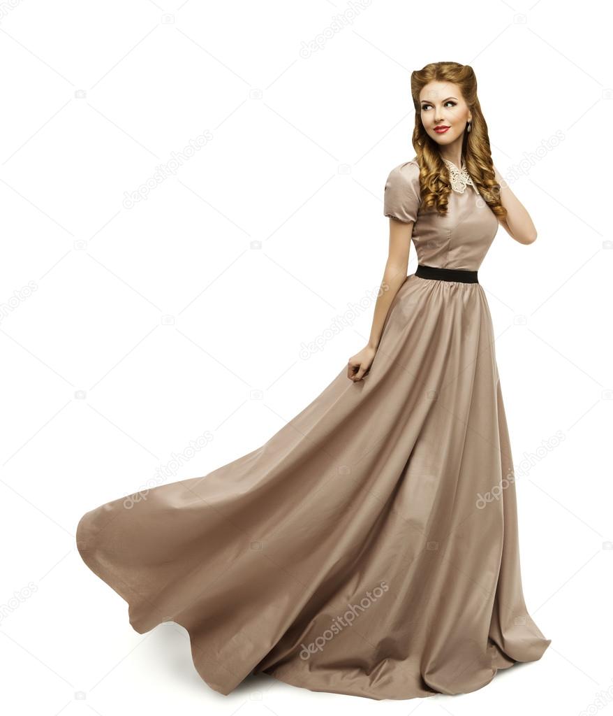 Woman Brown Dress, Fashion Model in Long Gown Turning, White