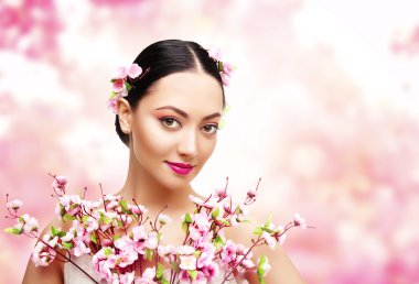 Kadın güzellik Asya moda Model kız pembe çiçekli