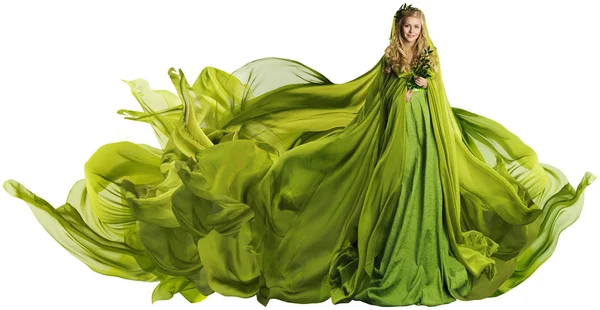 Woman in Flying Dress Fabric, Fashion Model in Green Clothes White — Stock Photo, Image