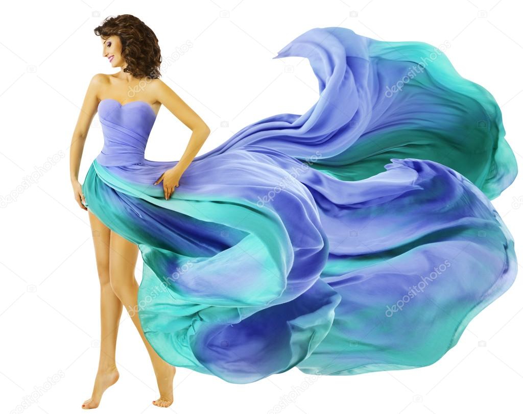 Woman Dress Flying Fabric, Fashion Girl in Blue Waving Skirt Stock ...