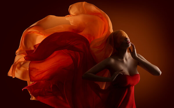 Fashion Woman Fabric on Face, Dance Red Silk Cloth Waving On Wind