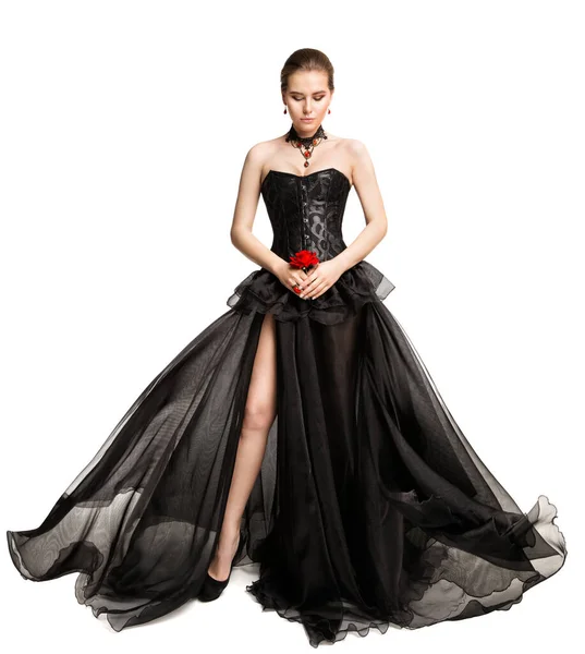 Beautiful Woman Black Evening Gown Looking Full Length Vintage Fashion — 스톡 사진