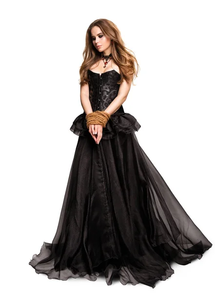 Gothic Woman Schwarzes Kleid Hände Durch Seil Gebunden Fashion Model — Stockfoto