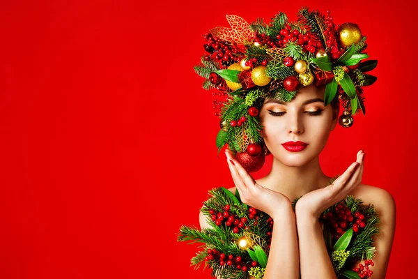 Natale Viso Mani Pelle Inverno Cura Donna Trucco Art Albero — Foto Stock